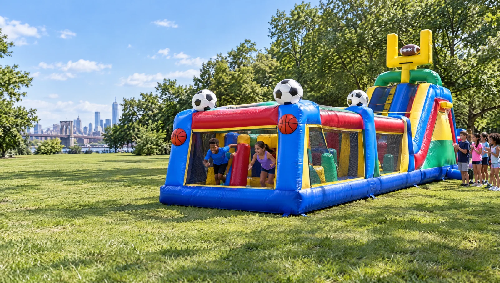 Inflatable obstacle course rental at a Brooklyn park party: kids racing through a 47 ft sports obstacle course