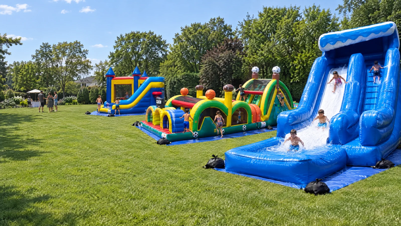 Inflatable rentals at a Long Island backyard party: a water slide, an obstacle course and a combo bounce house