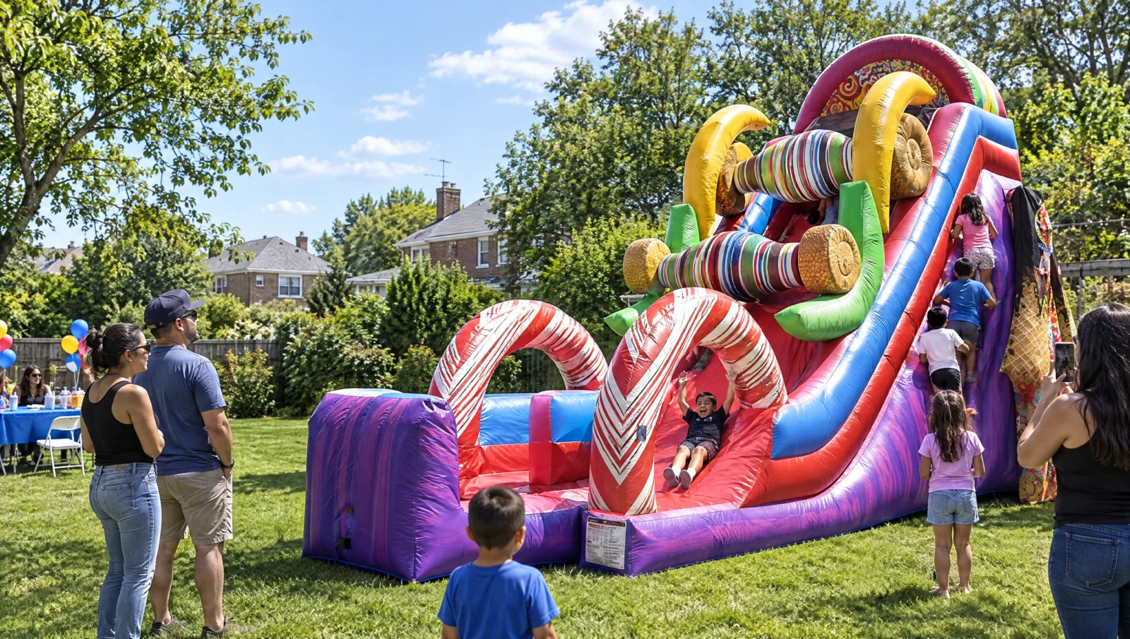 Inflatable slide rental: kids on the Sugar Rush dry slide at a backyard birthday party in Queens