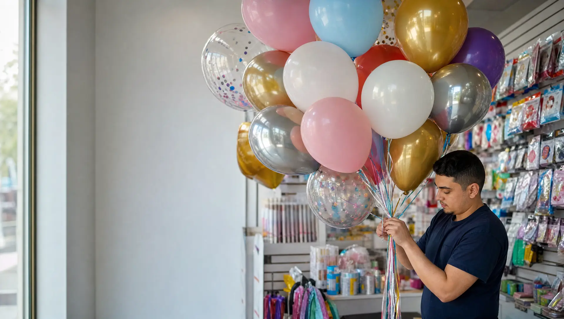 Store employee tying ribbons on helium filled latex balloons in pastel, chrome and confetti colors