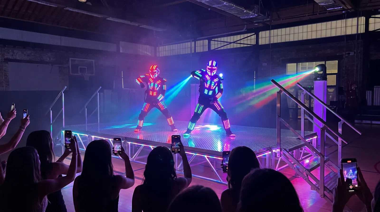 LED dance show: two dancers in light-up suits on an aluminum stage at a Sweet 16 party