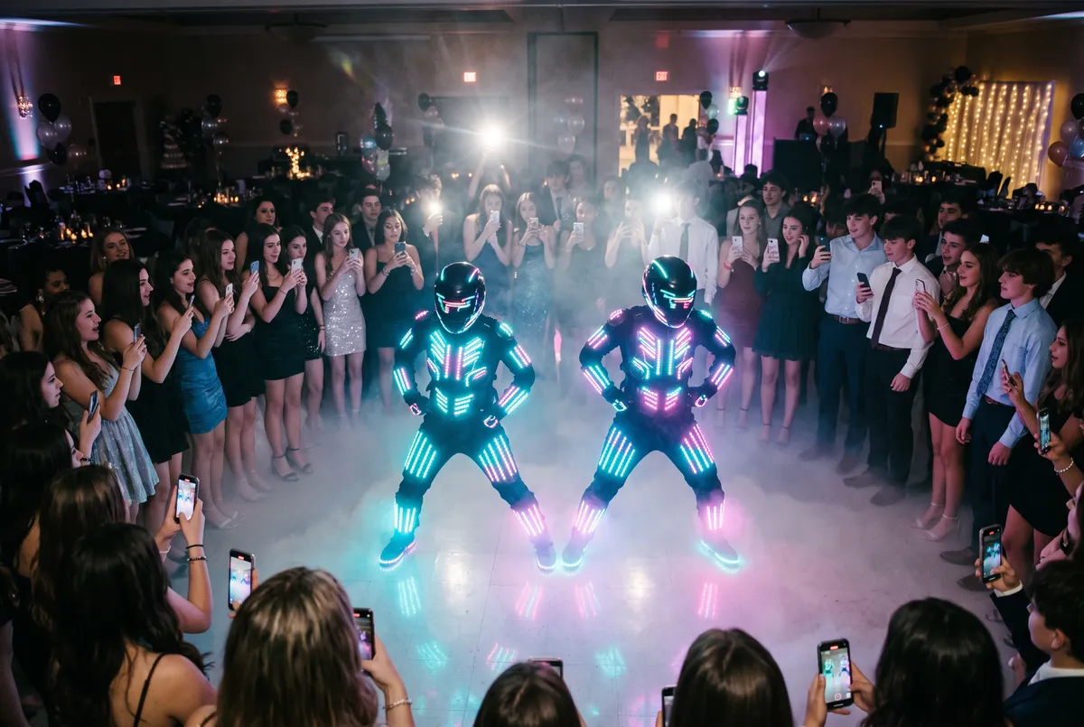 Two LED dancers in light-up suits performing at a Sweet 16 while guests film with their phones