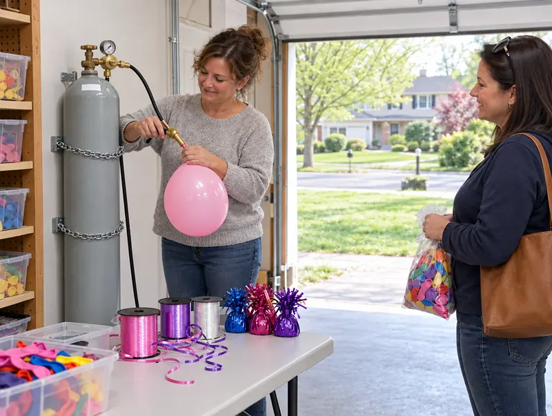 Long Island balloon filling location: helium balloon filled from a gray helium tank in a home garage