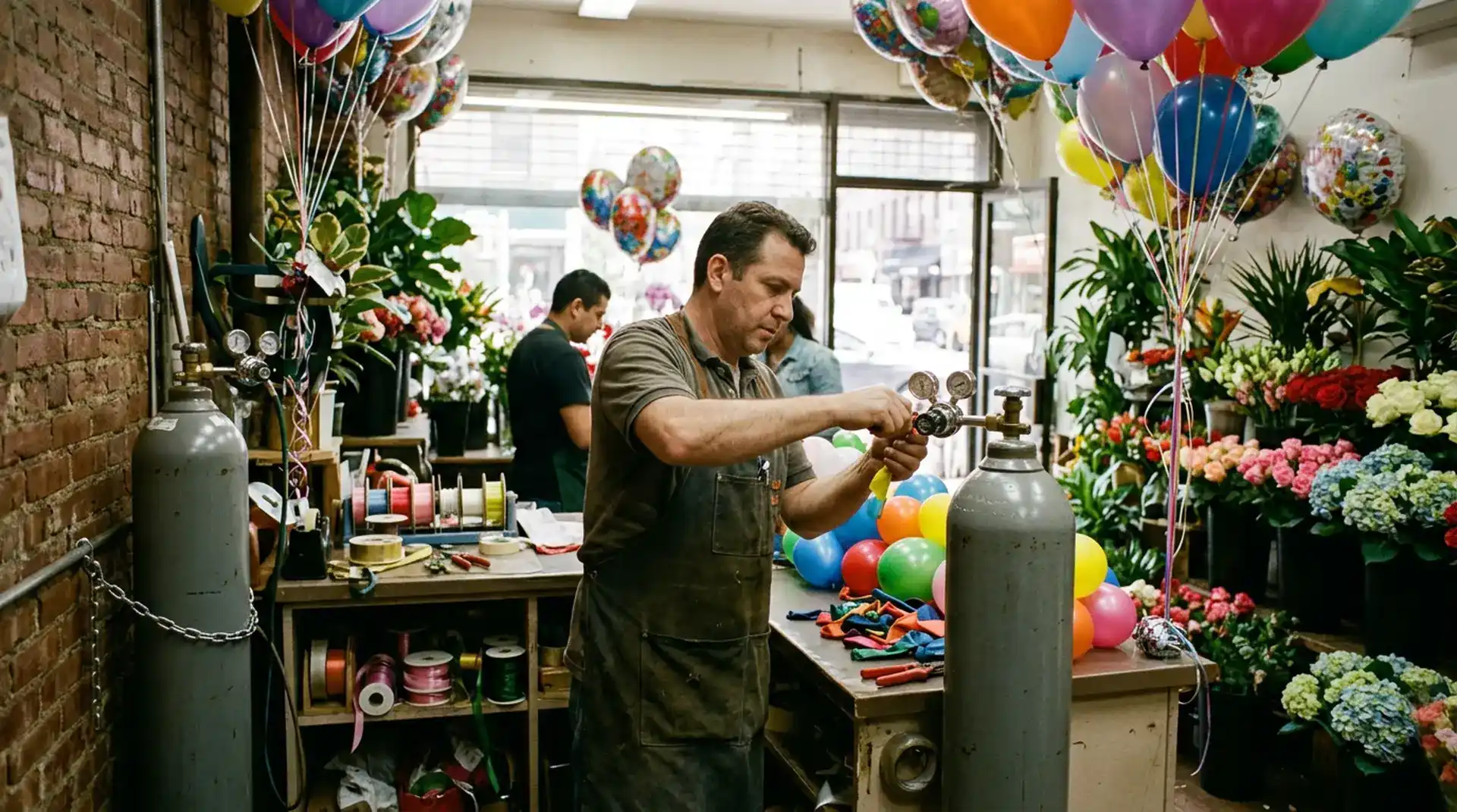 Long-term helium tank rental for a florist filling balloons in a New York flower shop