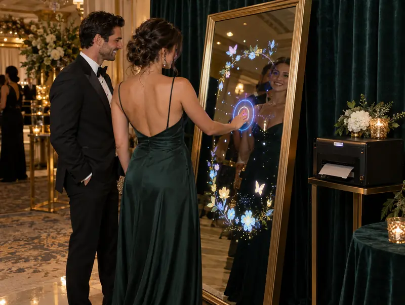 Mirror photo booth rental: couple in formal wear using a gold-framed touch-screen mirror booth at a gala