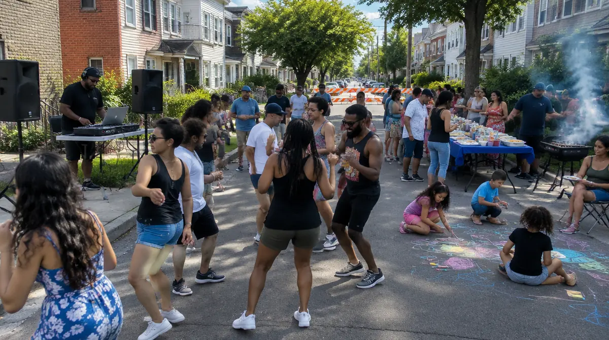 New Brunswick NJ block party: a DJ playing for neighbors dancing on a closed street while kids draw with sidewalk chalk