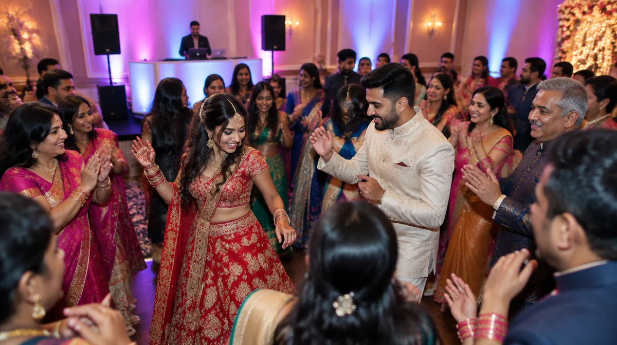 New Brunswick NJ DJ playing an Indian wedding sangeet as the bride, groom and family dance on the dance floor