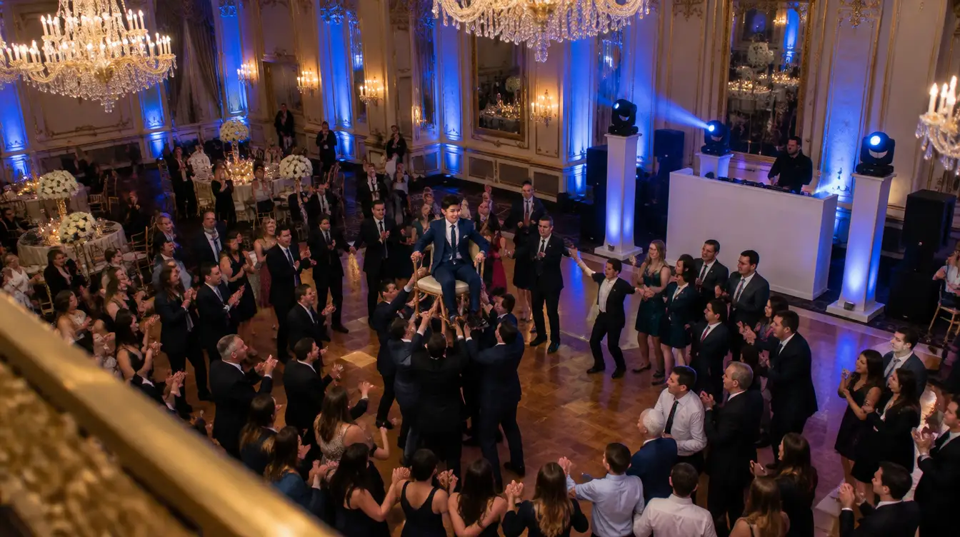 NYC DJ at a bar mitzvah: the hora with the boy lifted on a chair in a Manhattan hotel ballroom, DJ booth and blue uplighting
