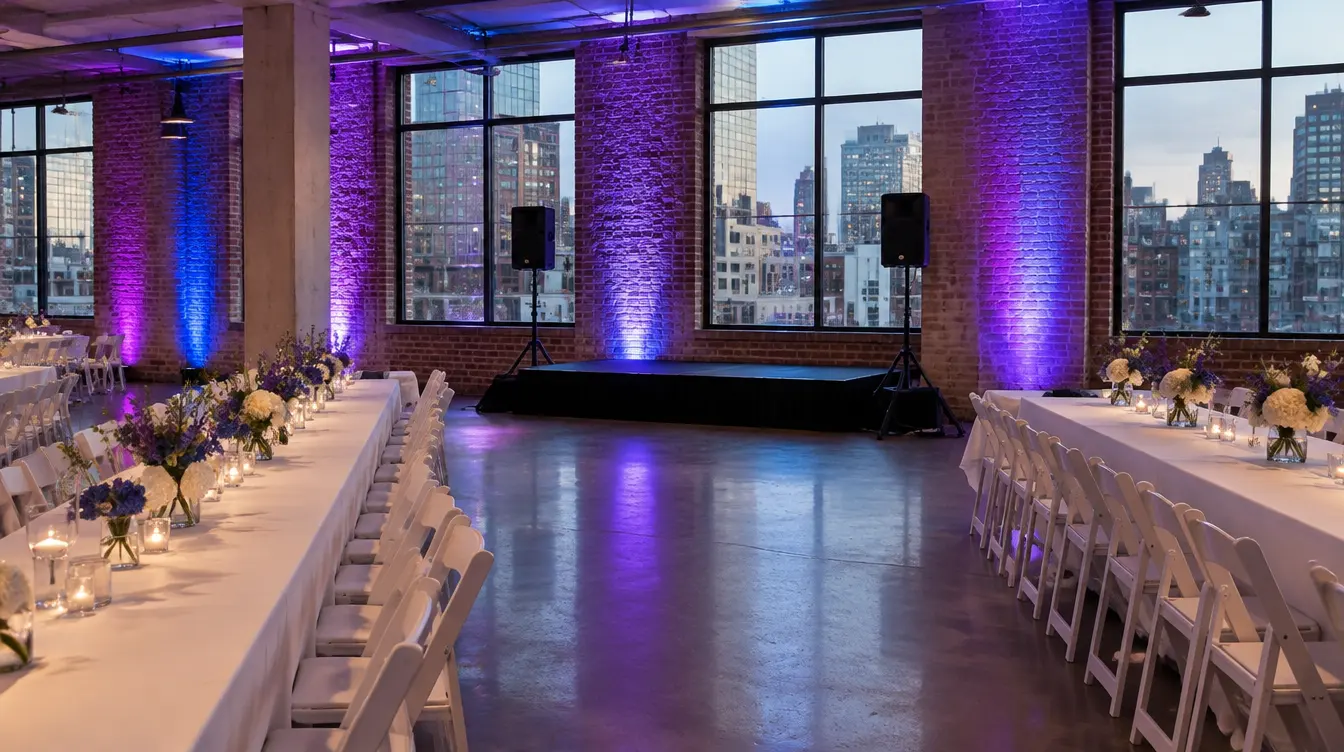 Party room rentals NYC: loft party room with long tables, a low stage, speakers and uplighting
