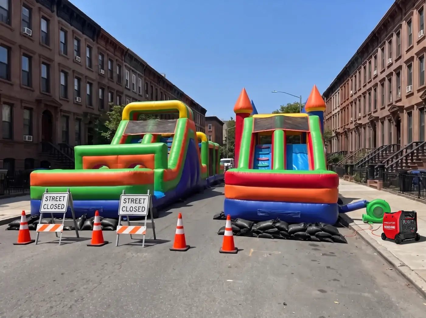 Obstacle course and bounce house on a closed Brooklyn street with a Predator 5000 generator on the sidewalk by the blower
