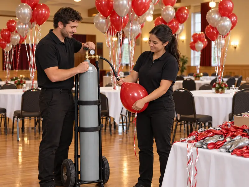 Balloon inflation crew filling red and silver helium balloons from a gray tank in a community hall