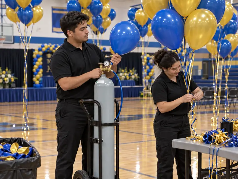 Balloon inflation service: crew filling blue and gold helium balloons from a tank in a school gym