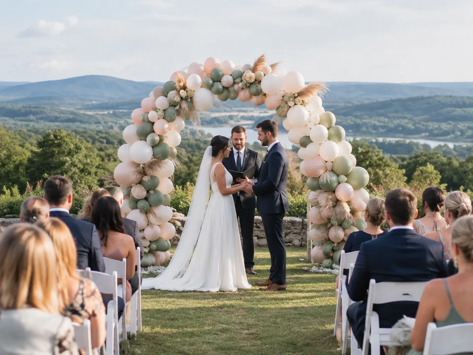 Organic balloon arch in white, blush and sage framing the altar of an outdoor garden wedding ceremony