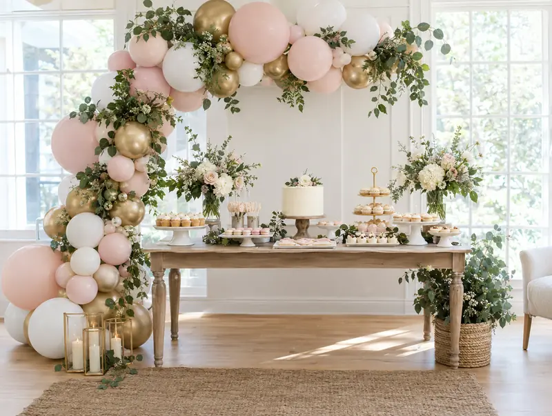 Organic balloon garland in pink, white and gold framing a baby shower dessert table
