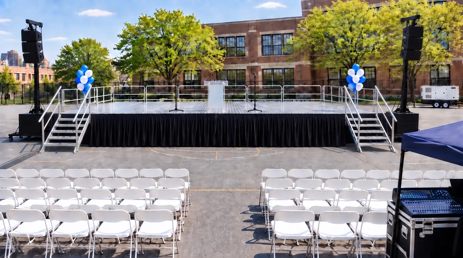Outdoor graduation stage rental with guardrails, railed aluminum steps, podium, line array speakers, audio mixer and generator