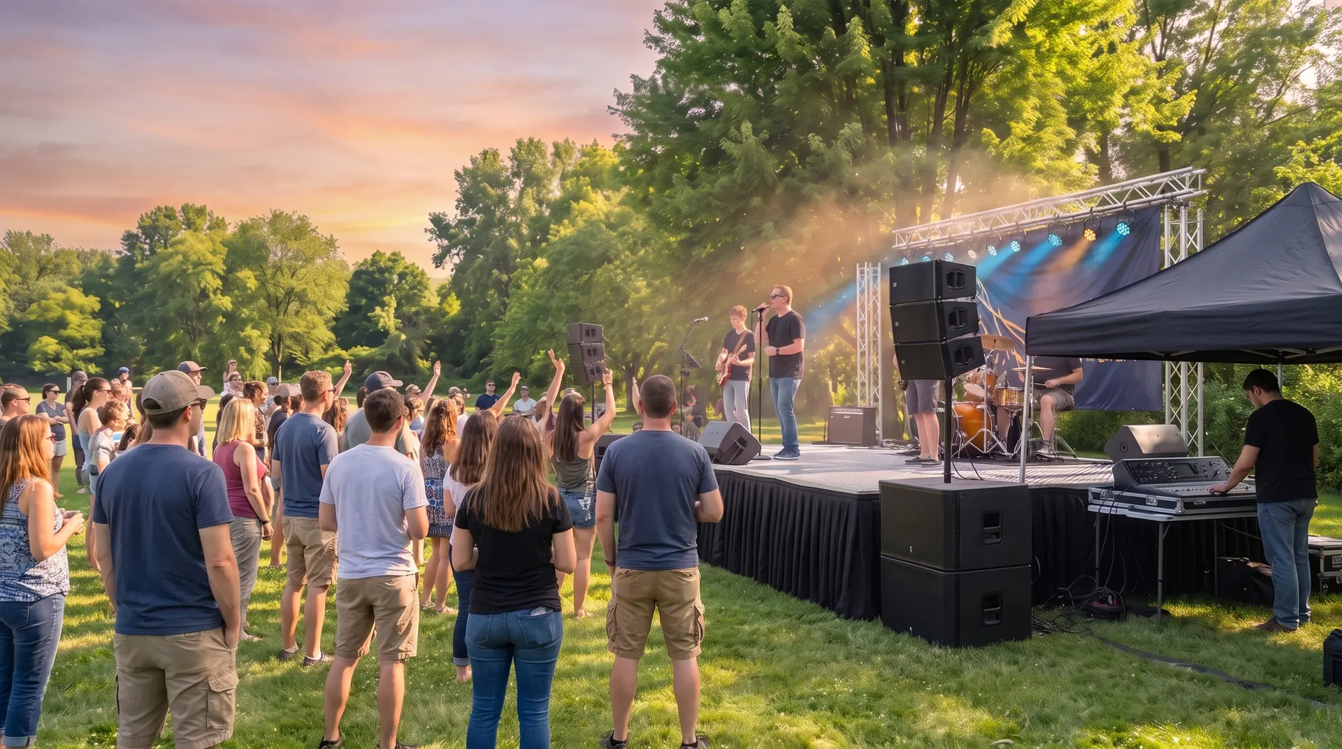 Outdoor park event with a live band on a skirted stage, line array speakers, subwoofers, truss lighting and a sound crew, set up by Celebration Entertainment