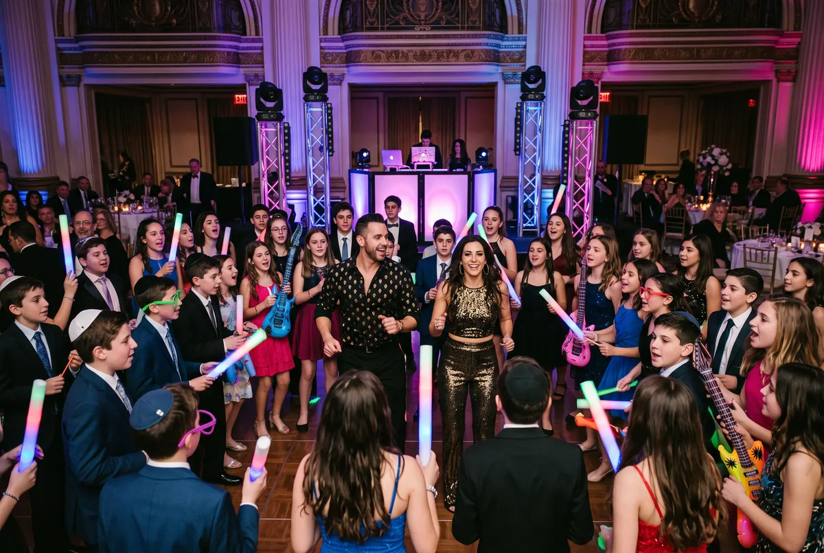 Two party dancers leading teens in a group dance with glow sticks at a bat mitzvah in a NYC ballroom