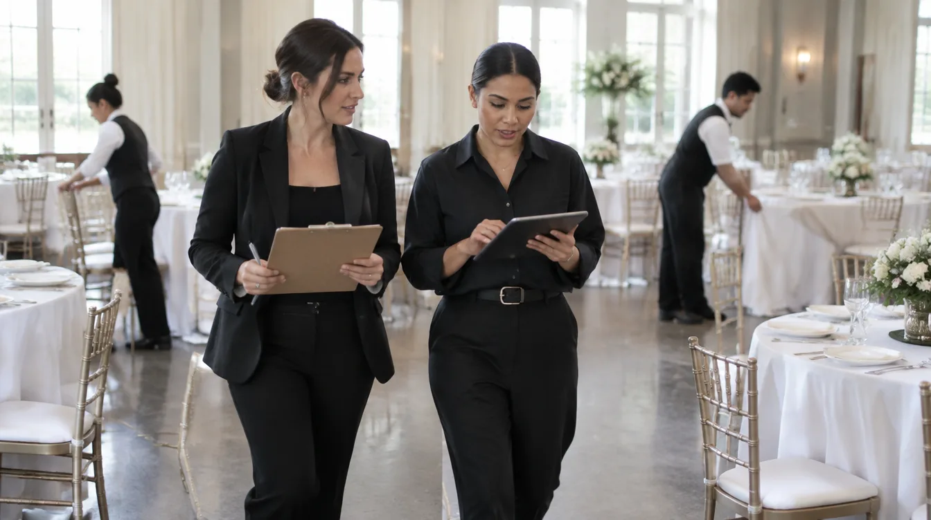 Party planning: planner walking through the venue with the coordinator while tables are set