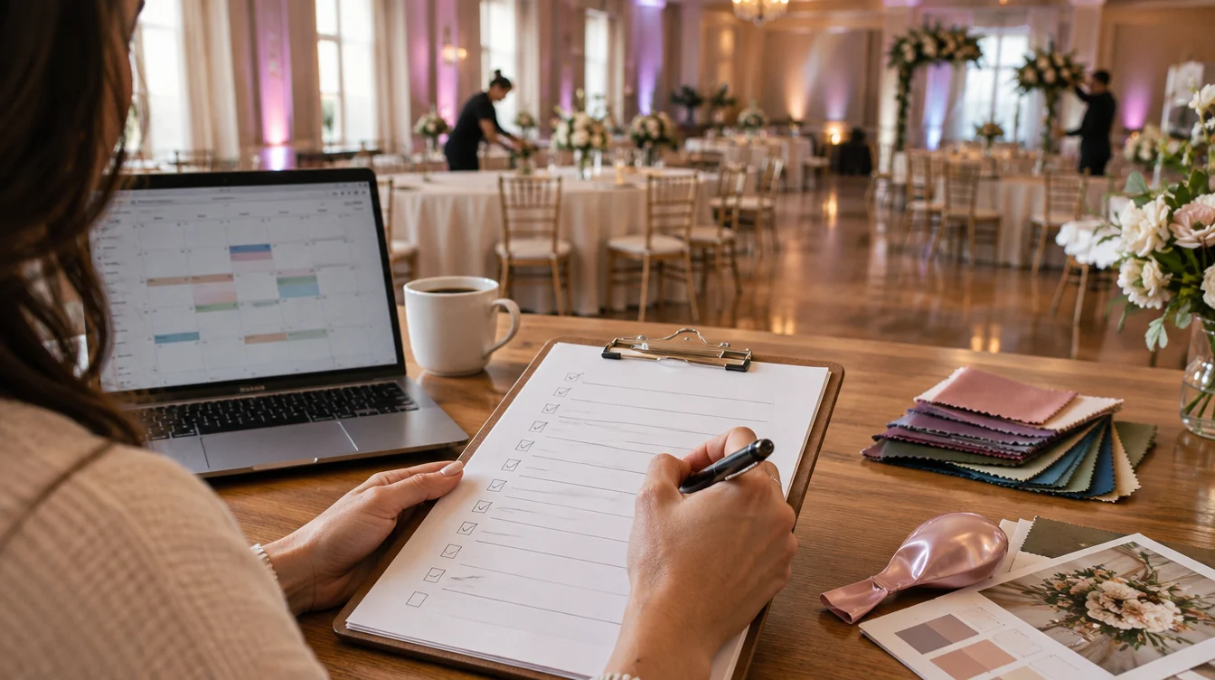 Party planning checklist: checking off tasks on a clipboard with a laptop calendar while a party hall is set up