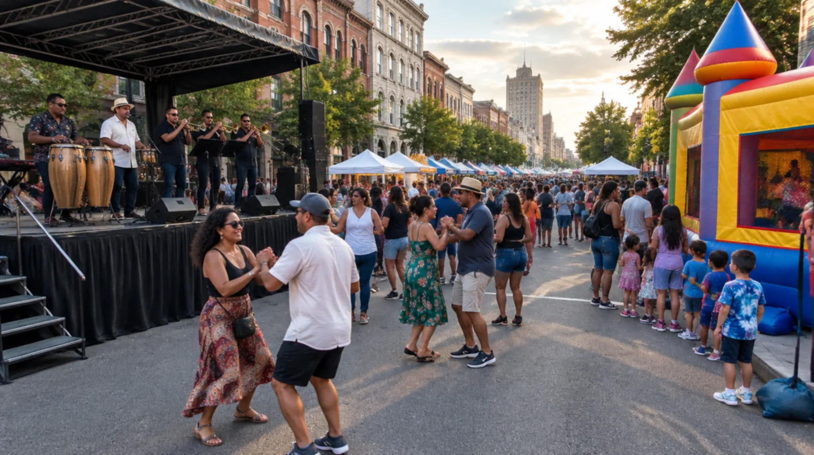 Party rentals Allentown PA: a Latin band on a rented stage and a bounce house at a downtown street festival with couples dancing