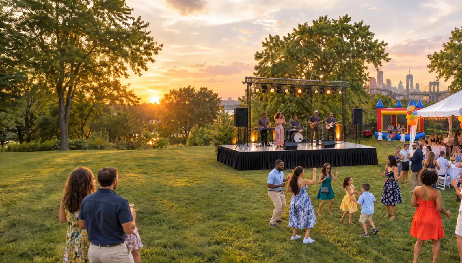 Party rentals at an outdoor park party: aluminum portable stage with a black skirt and a live band, lighting truss, speakers, bounce house and party tent