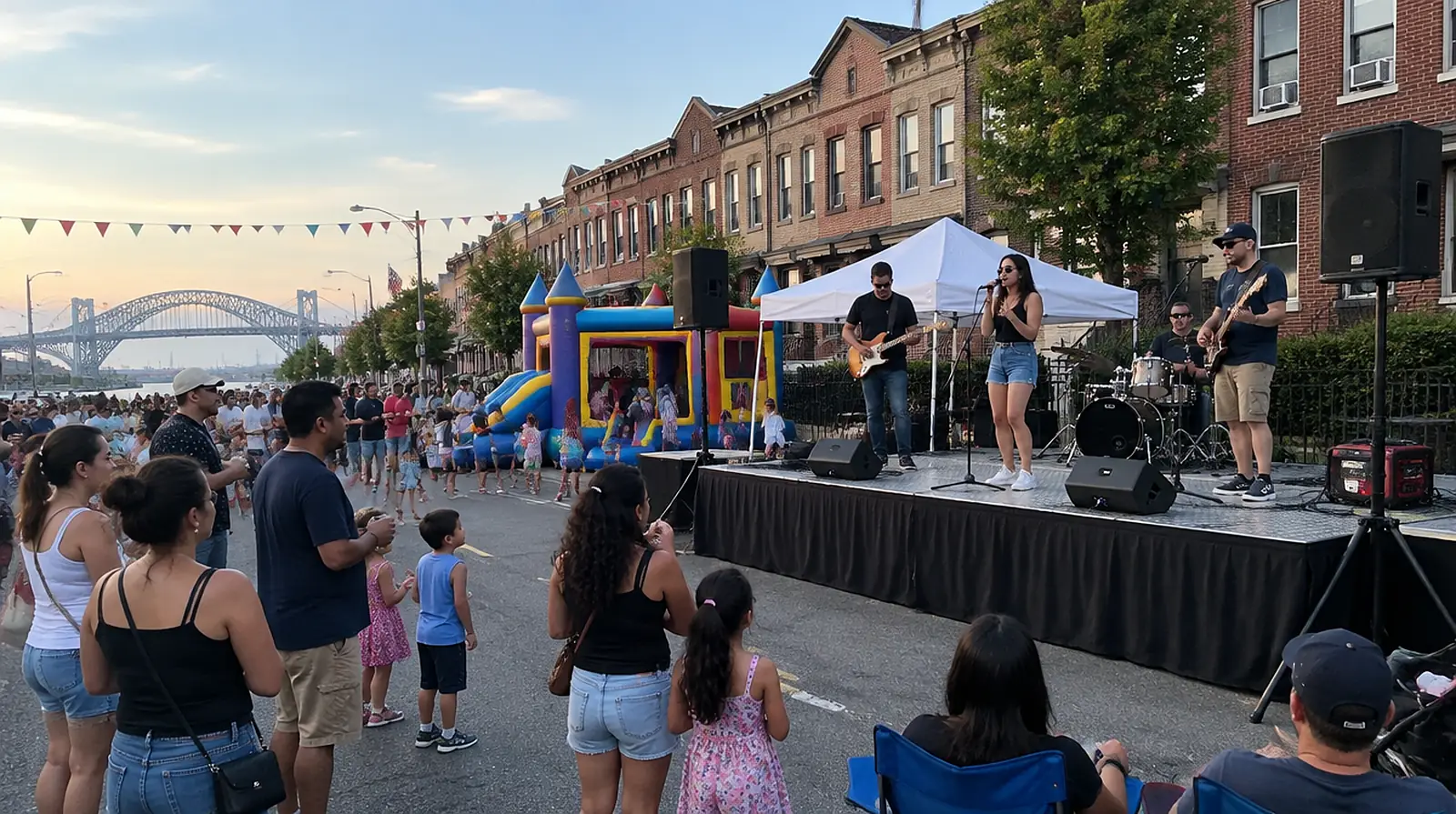 Party rentals Bayonne NJ: a band on our portable stage with a tent and a combo bounce house at a Broadway street festival, the Bayonne Bridge in the distance