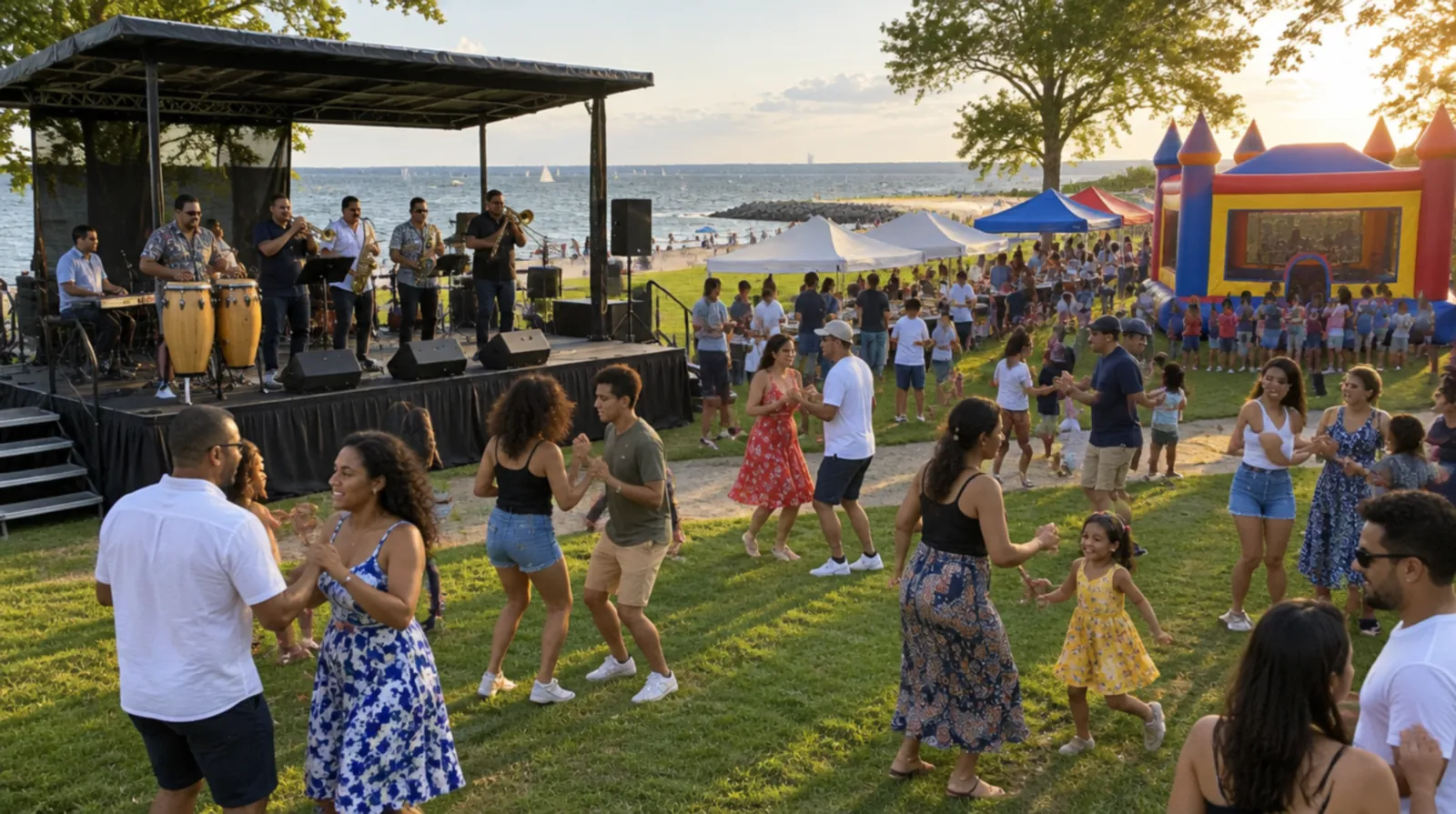 Party rentals Bridgeport CT: a salsa band on a rental stage and kids at a bounce house at a summer festival in a seaside park