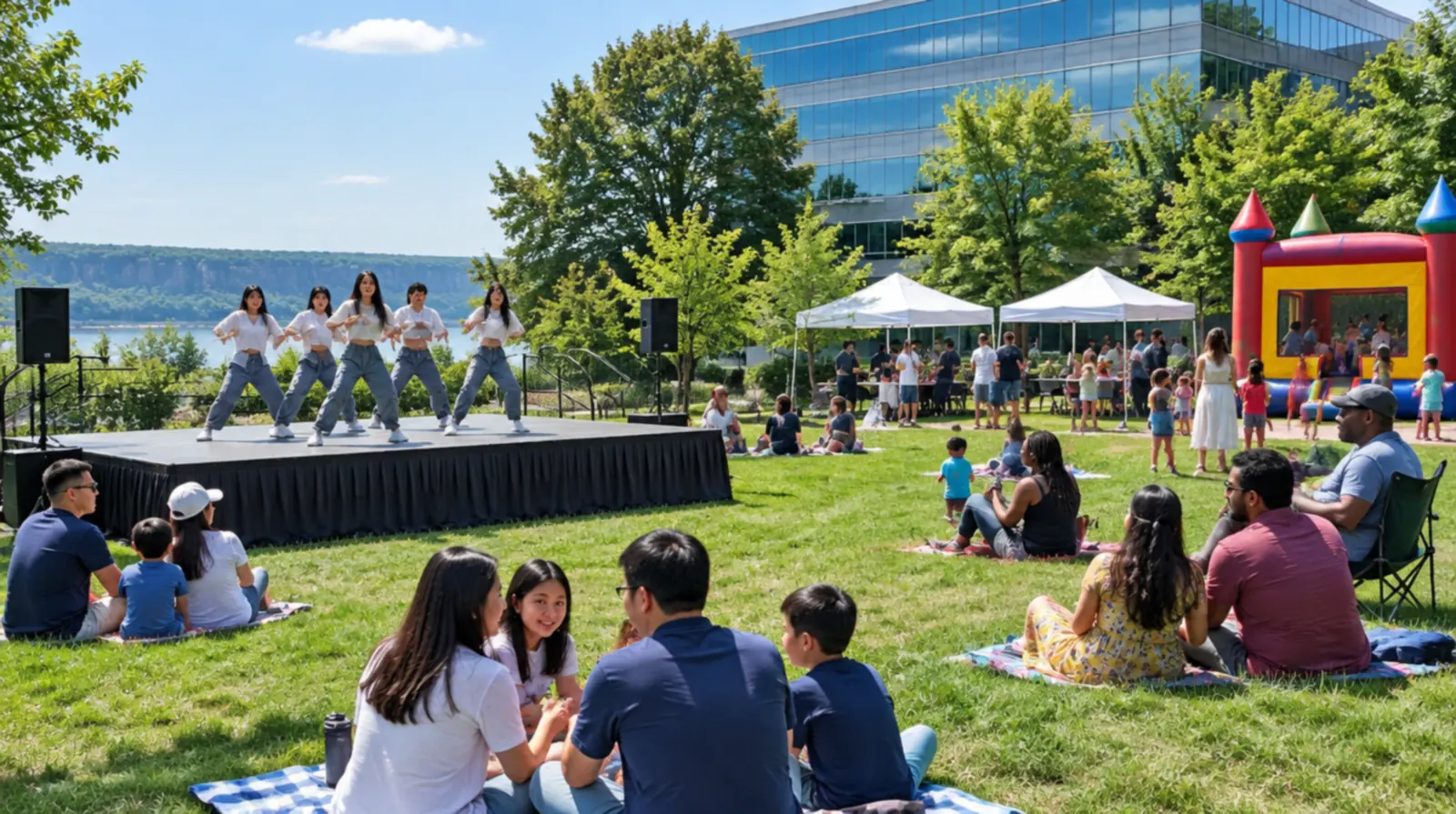 Party rentals Englewood Cliffs NJ: a teen dance crew on a rental stage and kids at a bounce house at a company family day on a corporate campus lawn above the Hudson