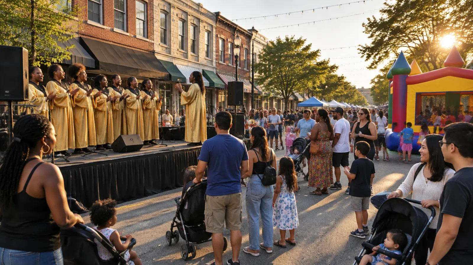 Party rentals Englewood NJ: a gospel choir singing on a rental stage and kids at a bounce house at a downtown street festival on Palisade Avenue