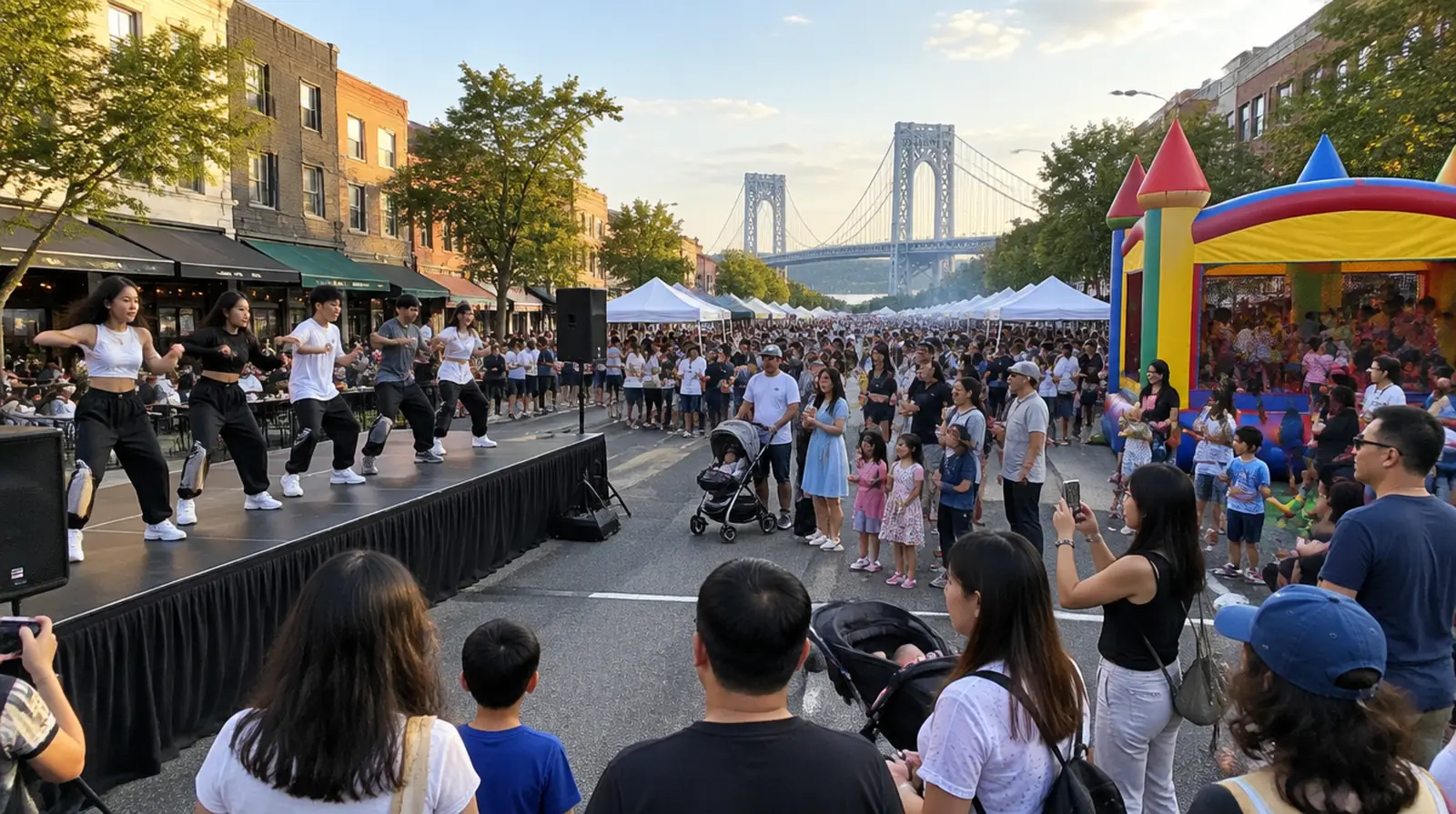 Party rentals Fort Lee NJ: a teen dance crew on a rental stage and kids at a bounce house at a Main Street festival, with the George Washington Bridge in the distance