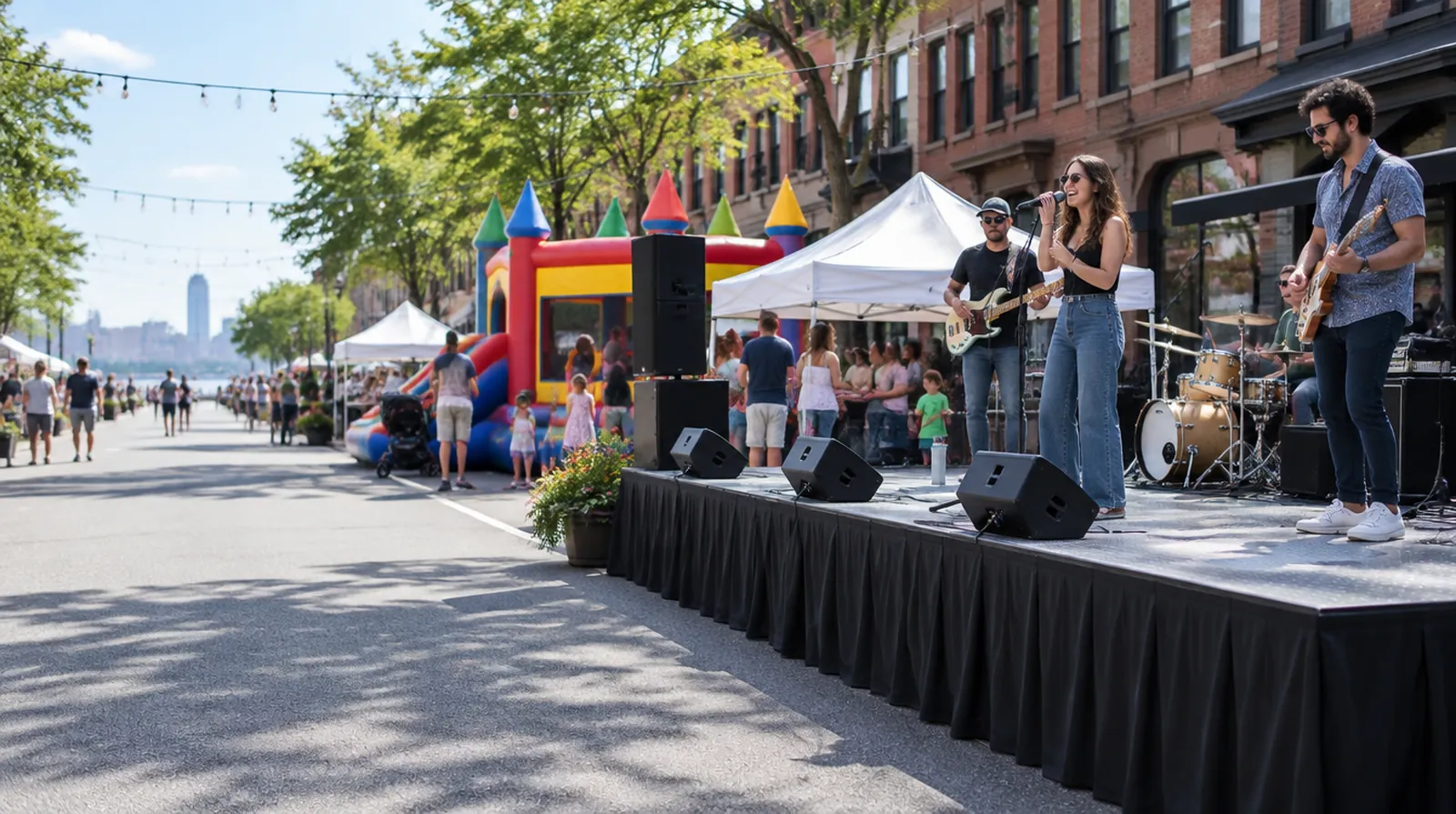 Party rentals Hoboken: a band on our portable stage with tents and a combo bounce house at a Hoboken street festival
