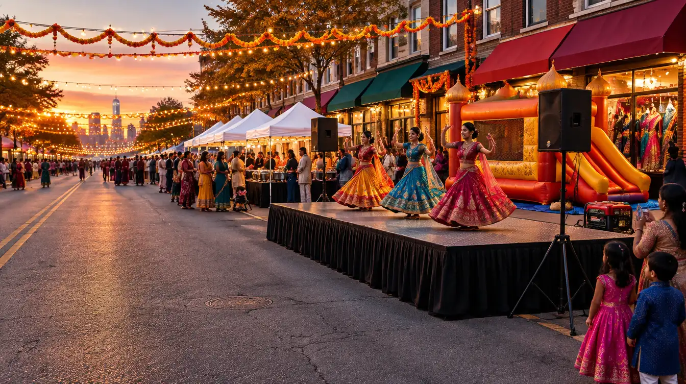 Party rentals Jersey City: dancers on a portable stage, a combo bounce house and tents at a Diwali street festival