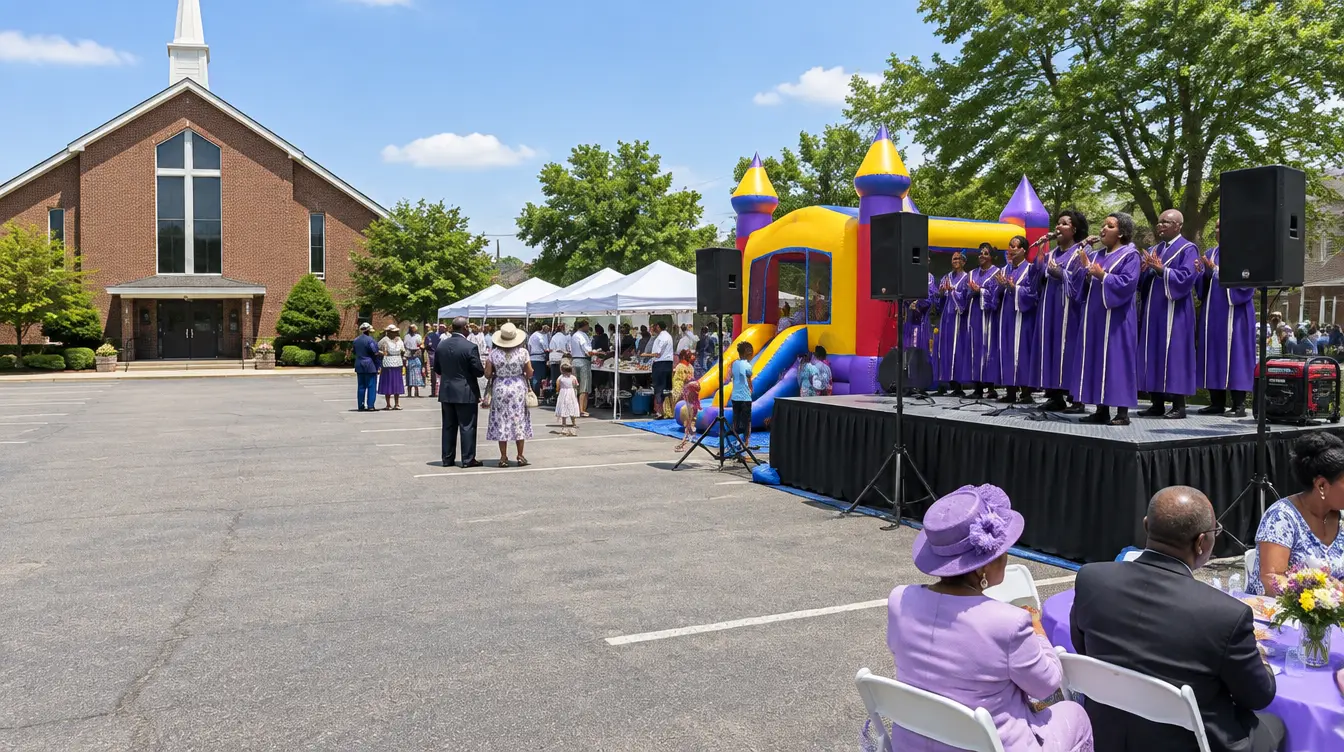 Party rentals Mount Vernon: a gospel choir on a portable stage, a combo bounce house and tents at a church picnic