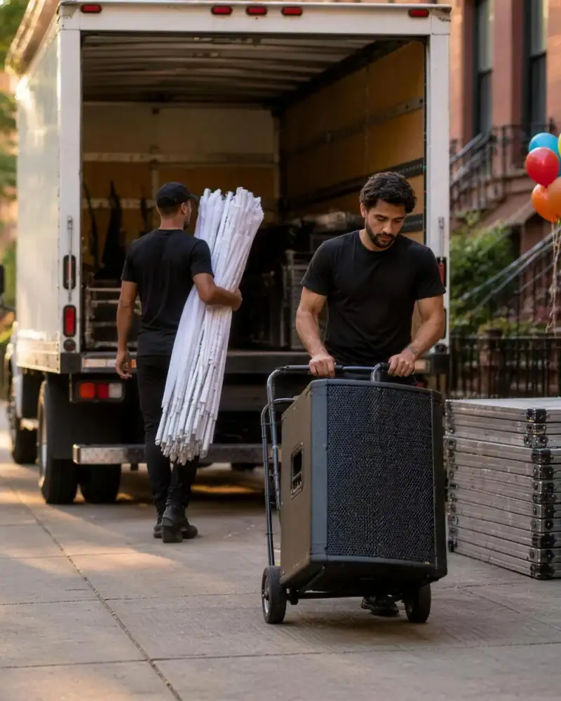 Crew unloading party rentals from the truck after a party and event rental order form request