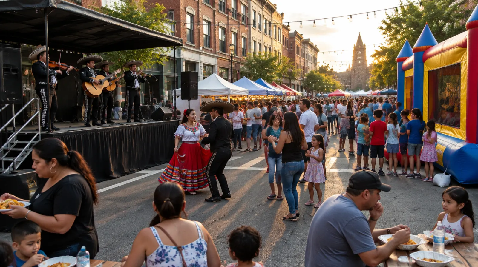 Party rentals New Brunswick NJ: a mariachi band on a rental stage and kids at a bounce house at a downtown street festival
