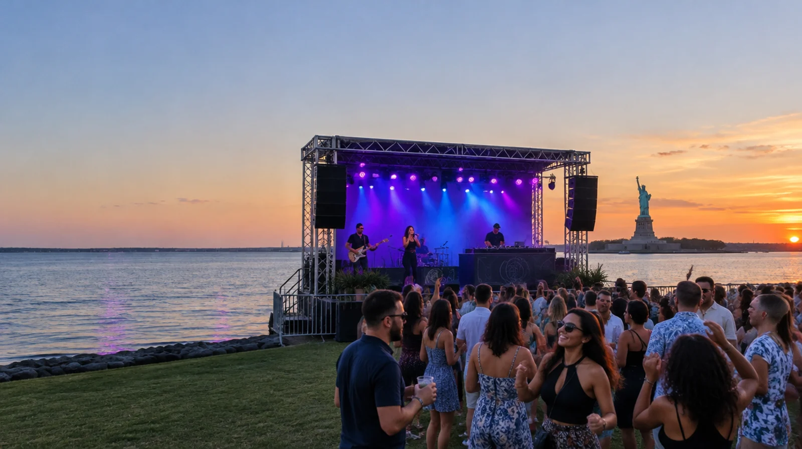 Party rentals New Jersey: truss concert stage with lights, speakers, a live band and DJ at sunset in Liberty State Park with the Statue of Liberty