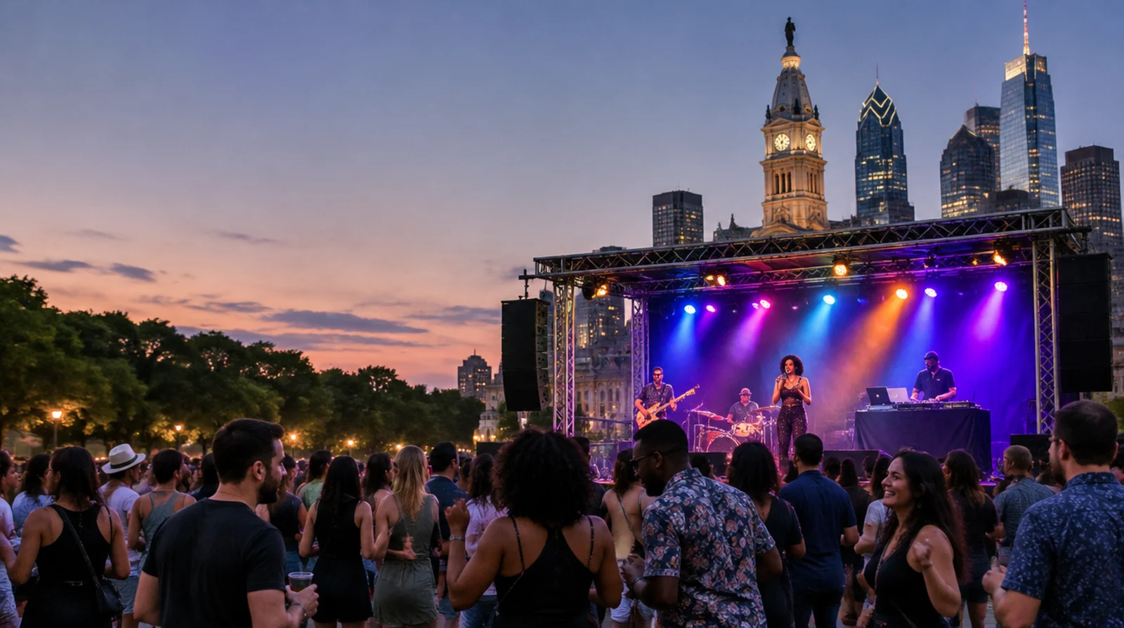 Party rentals Pennsylvania: truss concert stage with colored lights, speakers, a live band and DJ in Philadelphia with City Hall behind