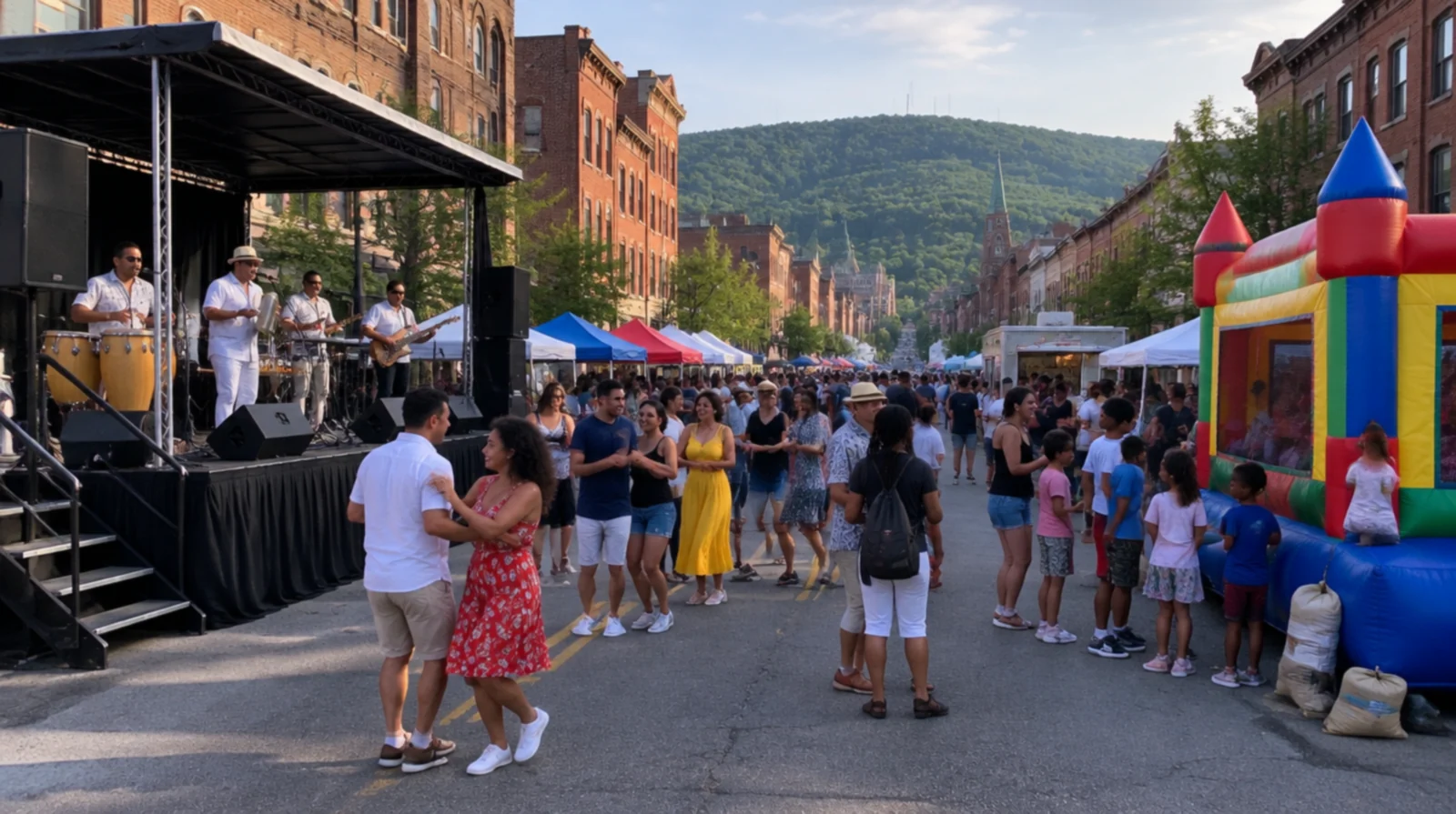 Party rentals Reading PA: a merengue band on a rented stage and a bounce house at a downtown street festival with Mount Penn behind