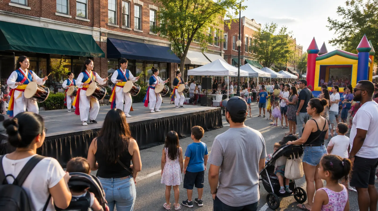 Party rentals Ridgefield NJ: a Korean drum troupe on a rental stage and kids at a bounce house at a Broad Avenue street festival