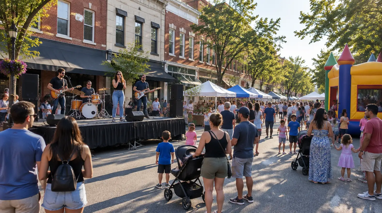 Party rentals Rutherford NJ: a rock band on a rental stage and kids at a bounce house at a Park Avenue street fair in downtown Rutherford