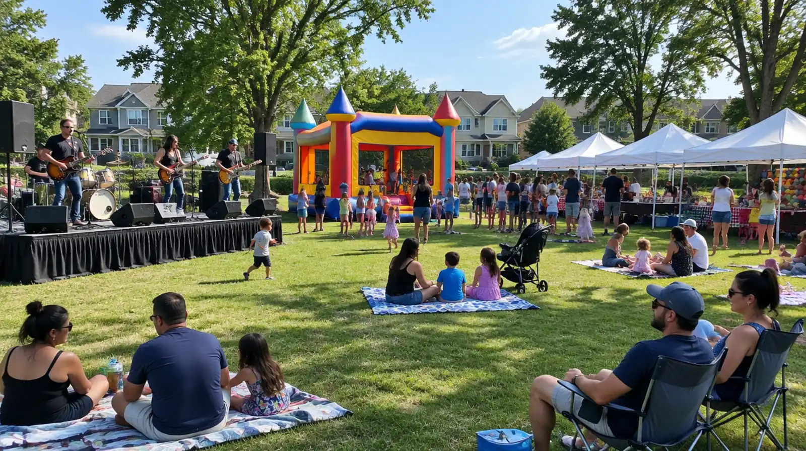 Party rentals Secaucus NJ: a cover band on a skirted portable stage and a bounce house at a town fair in a neighborhood park