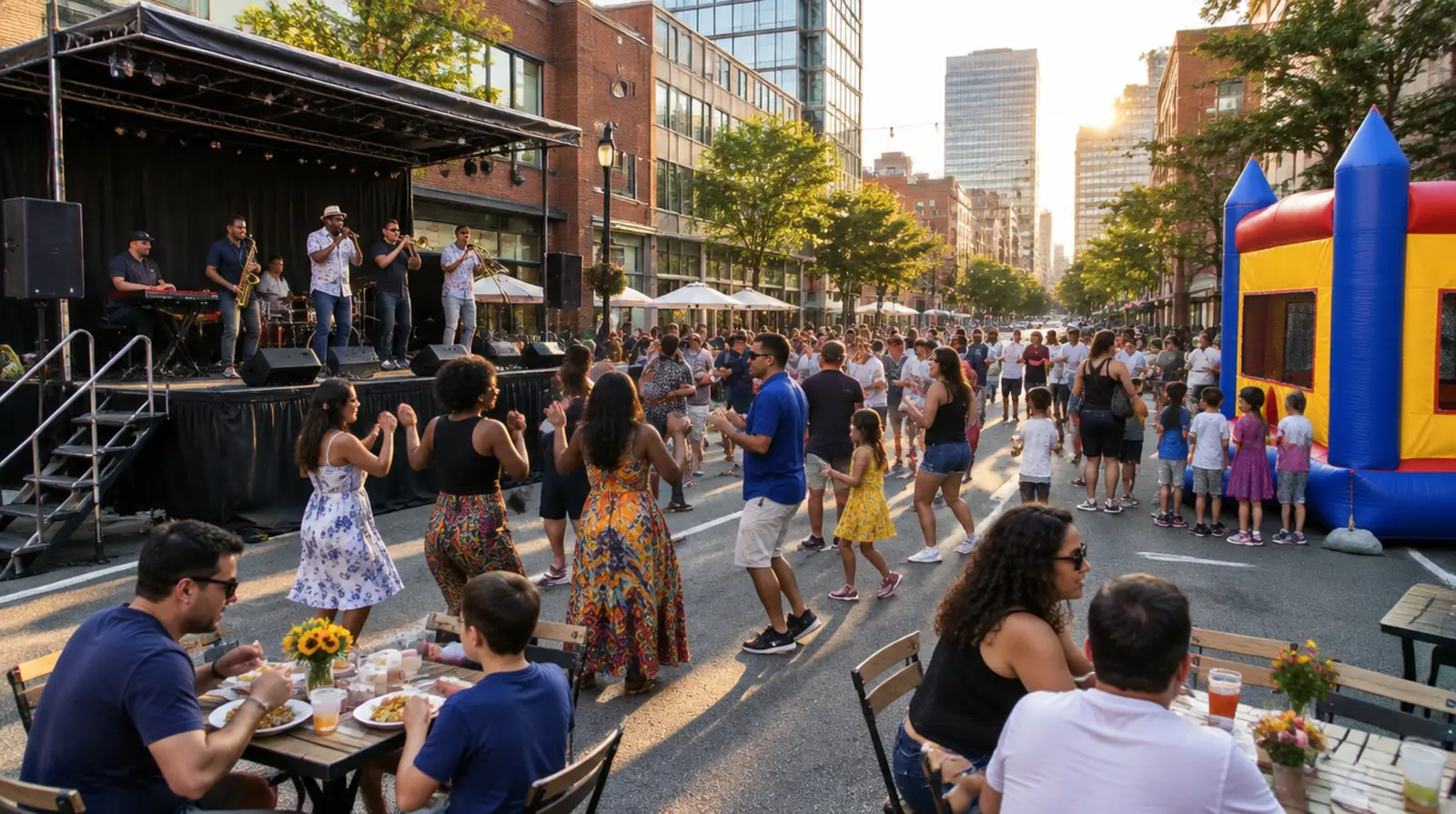 Party rentals Stamford CT: a funk band on a rental stage and kids at a bounce house at a downtown street festival