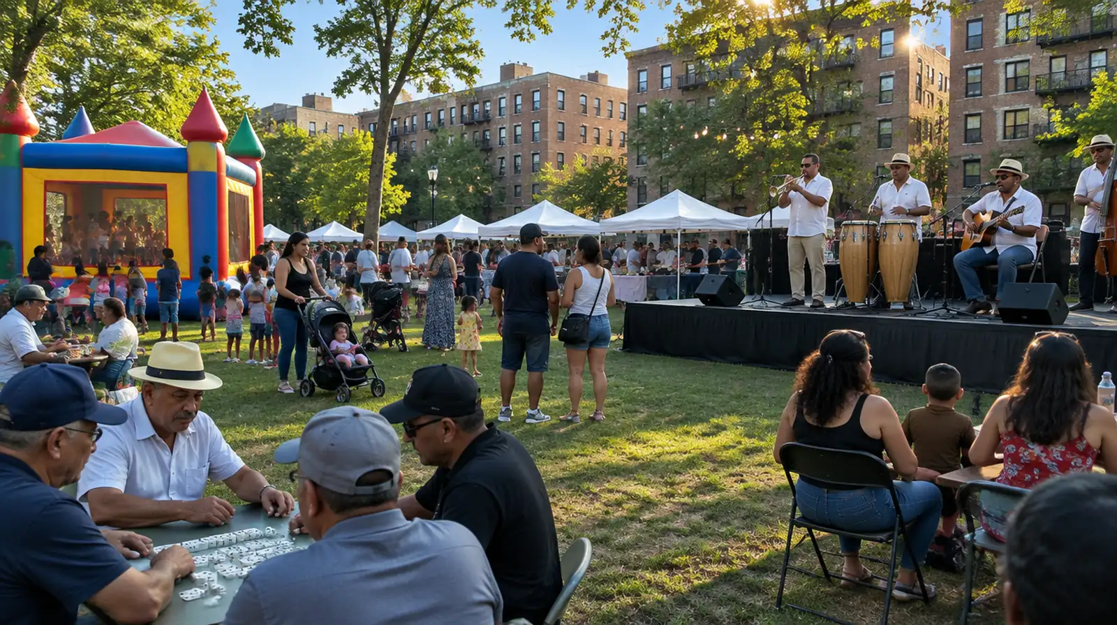 Party rentals West New York NJ: a Cuban son band on a skirted stage and a bounce house at a park festival among brick apartment buildings