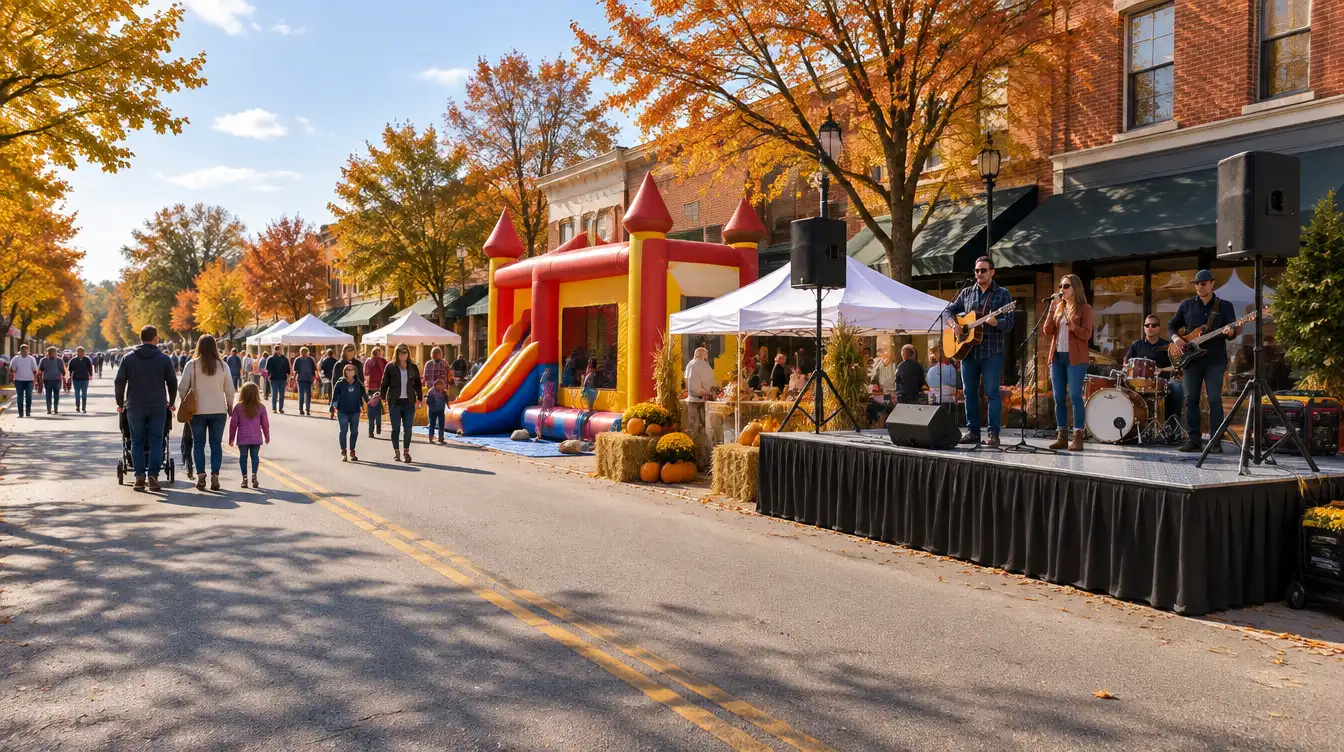 Party rentals Westchester: a band on a portable stage, a combo bounce house and pop-up tents at a village fall street fair
