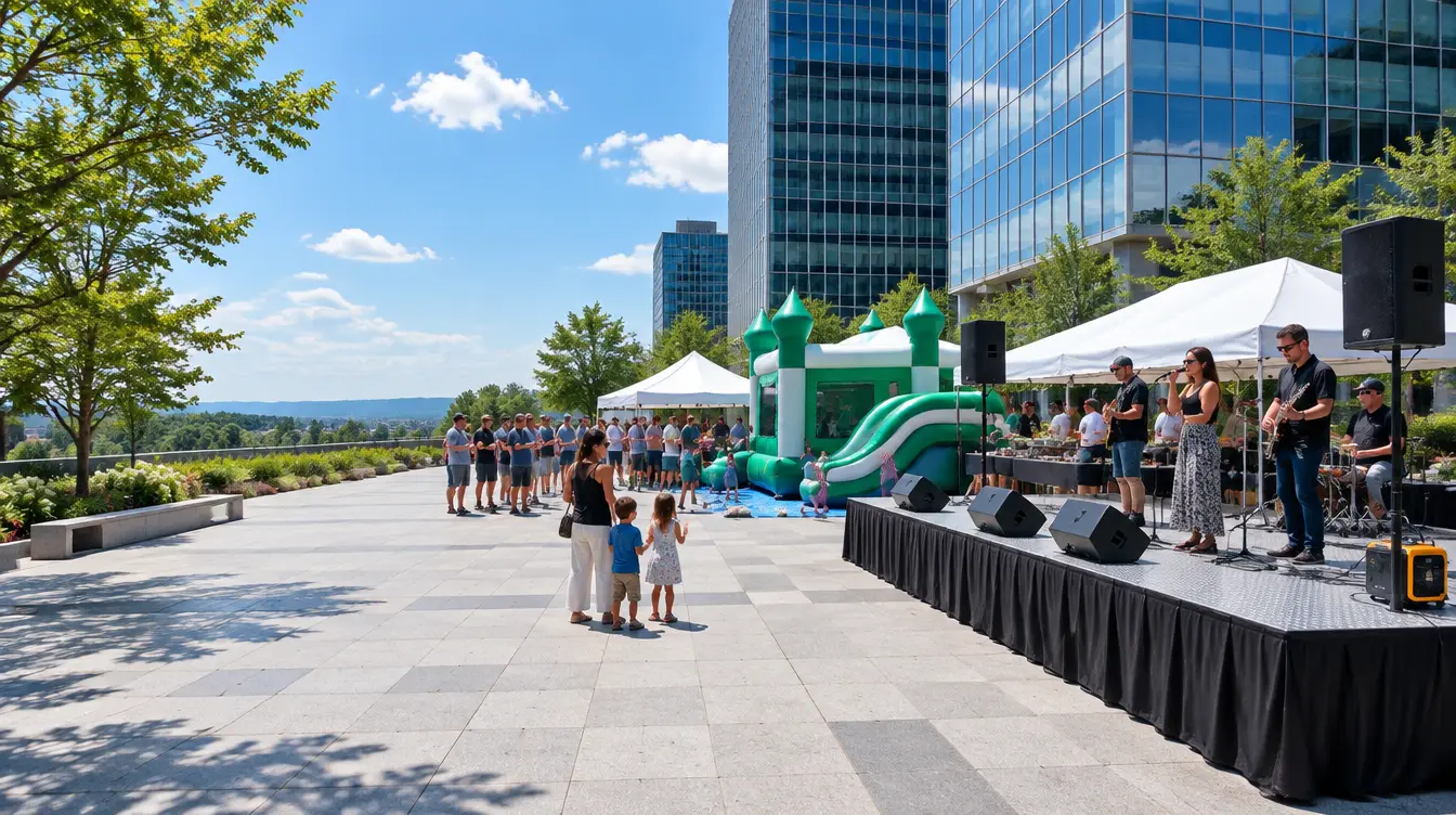 Party rentals White Plains: a cover band on a portable stage, a combo bounce house and tents at a company family day
