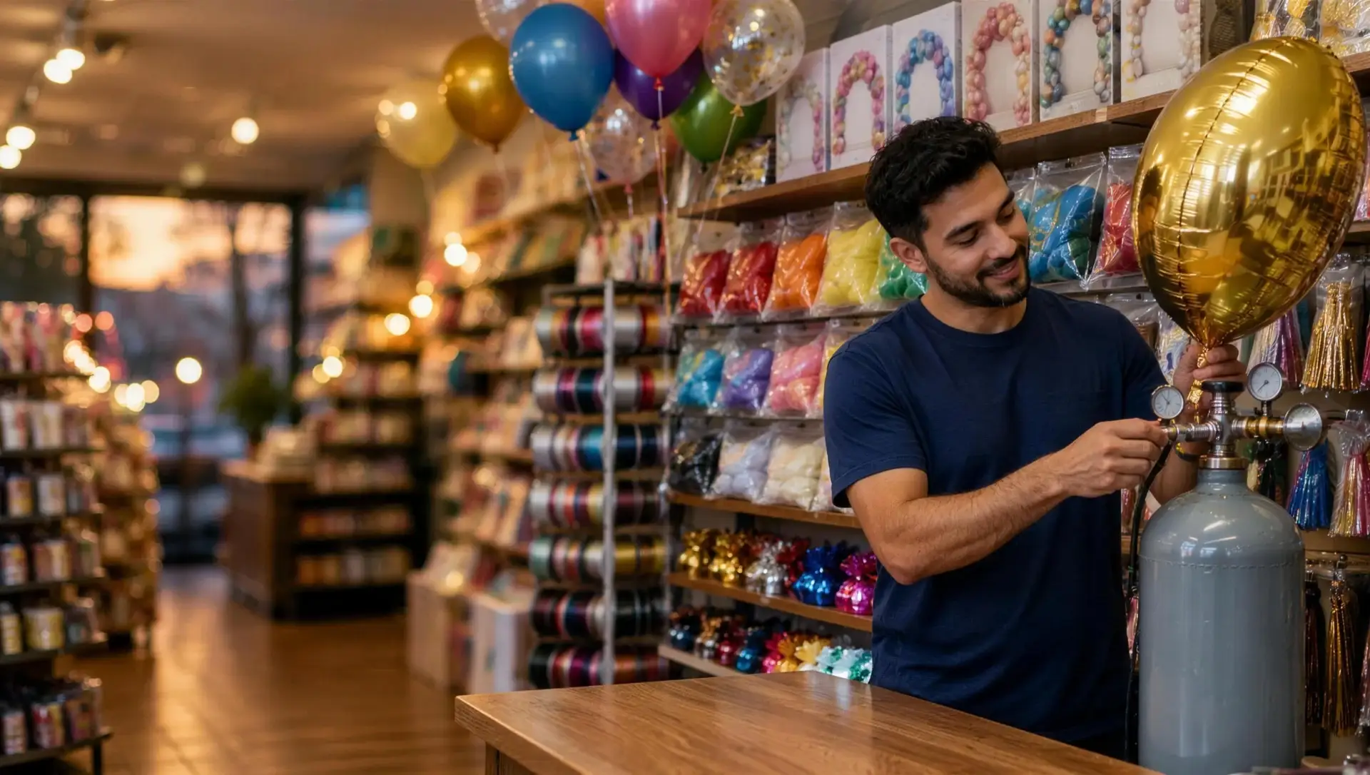 Party supplies store in Brooklyn: employee filling a gold foil balloon from a helium tank, shelves of latex balloons, ribbon and balloon arch kits