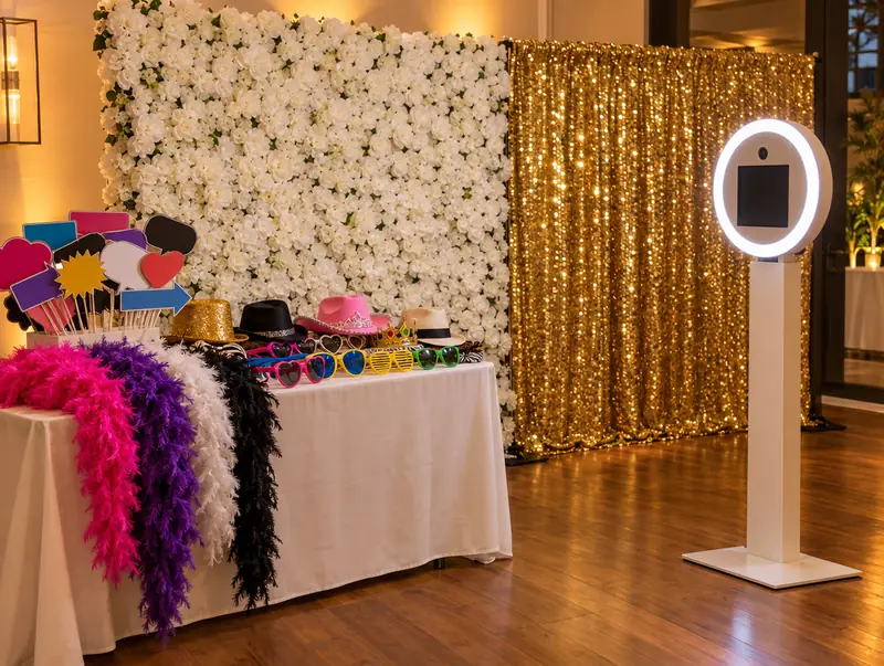Photo booth backdrops: white flower wall and gold sequin wall with a props table and booth stand
