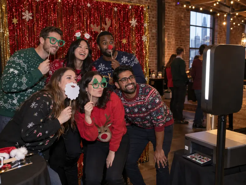 Photo booth at a company holiday party: coworkers in festive sweaters with props in a New York loft