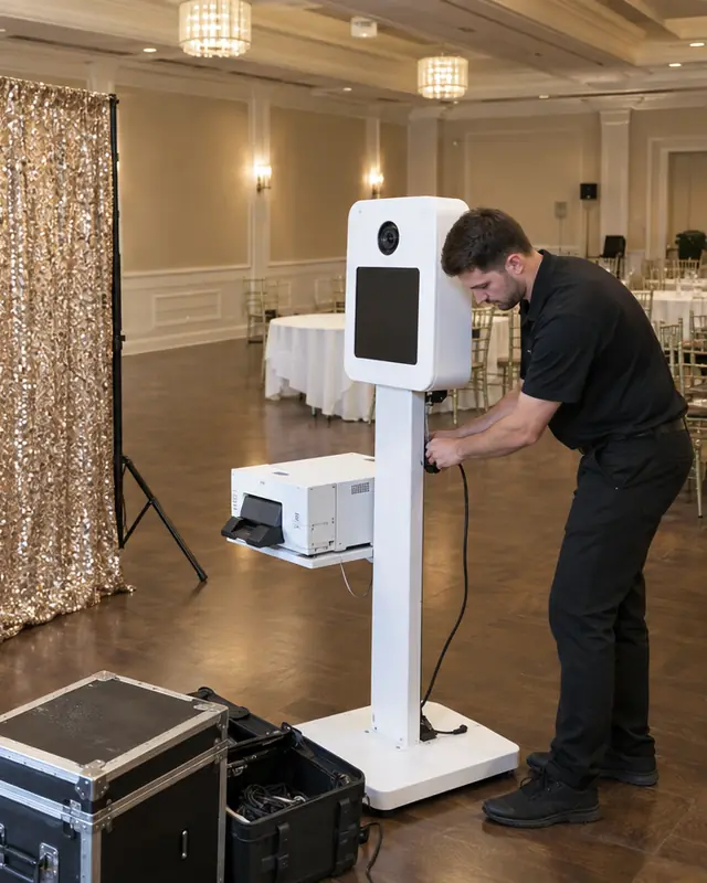 Our crew member setting up a photo booth stand and printer next to a gold sequin backdrop in a banquet hall