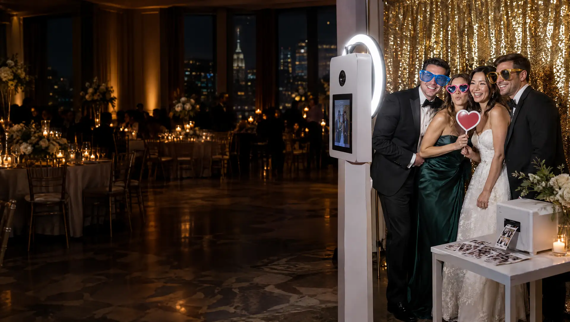 Photo booth rental NYC: wedding guests posing with props at an open-air photo booth with a gold sequin backdrop in a ballroom